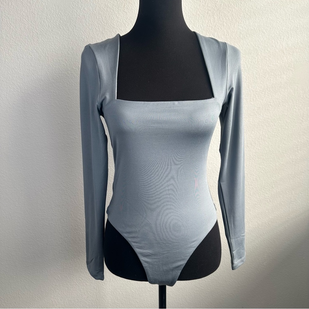 Lilamor Bodysuit Sz Large Blue Grey Long Sleeve Square Neck Snap Closure Bodycon